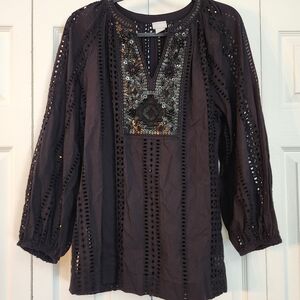 Chico's Black Eyelet Blouse Embellished‎ with Beading and Sequins Size 2X